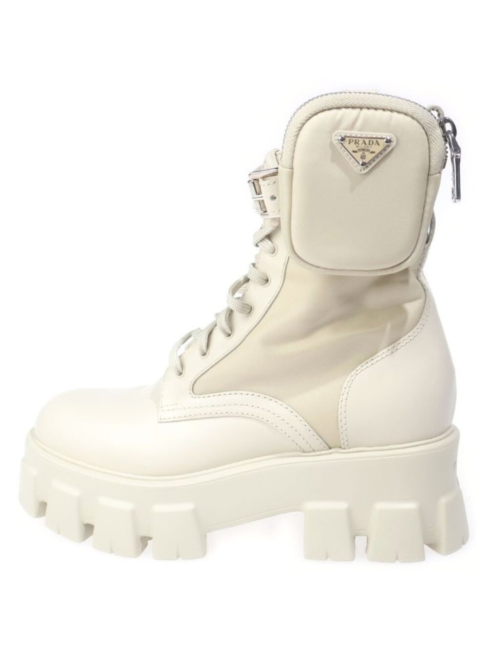 Prada Re-Nylon Triangle Logo Pouch Leather Short Boots Beige